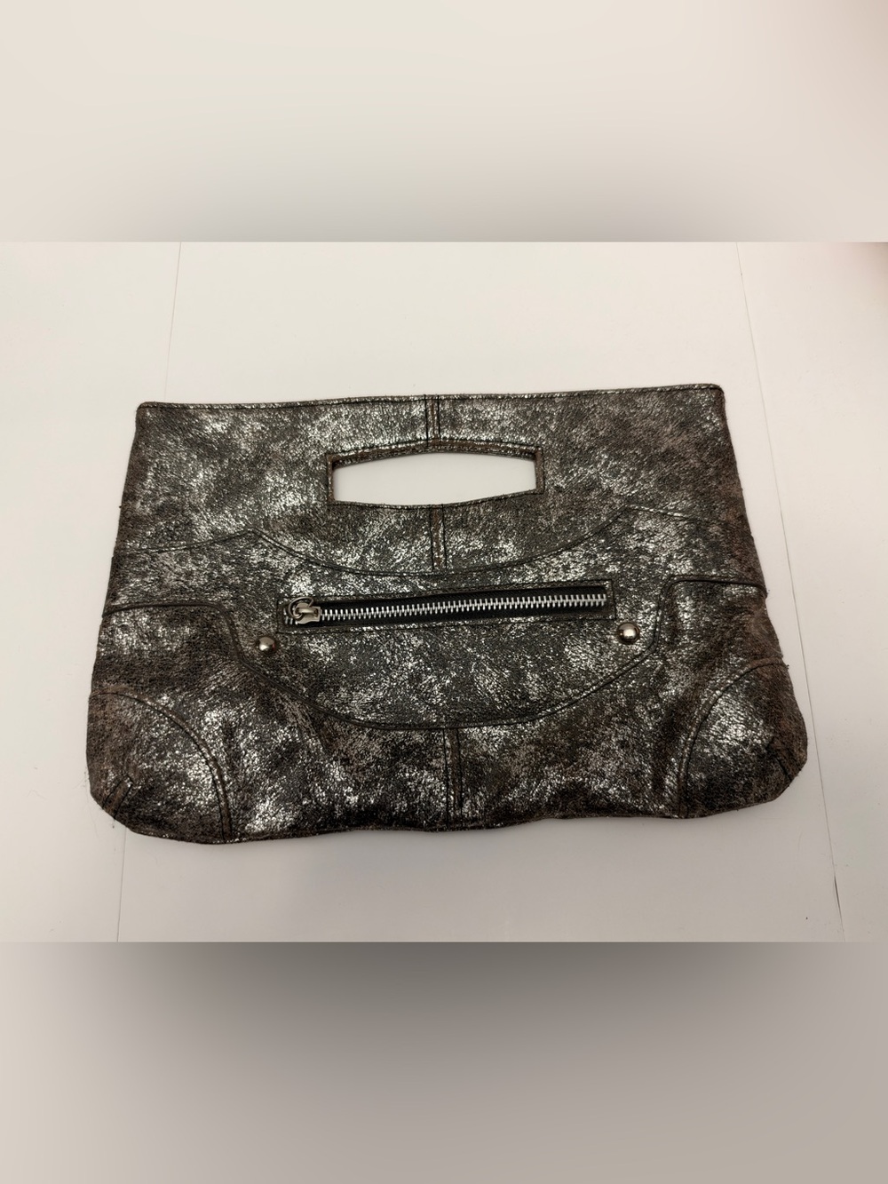 Distressed Metallic Pewter Clutch Cutout Handle Zip Pocket Silver Grunge Evening